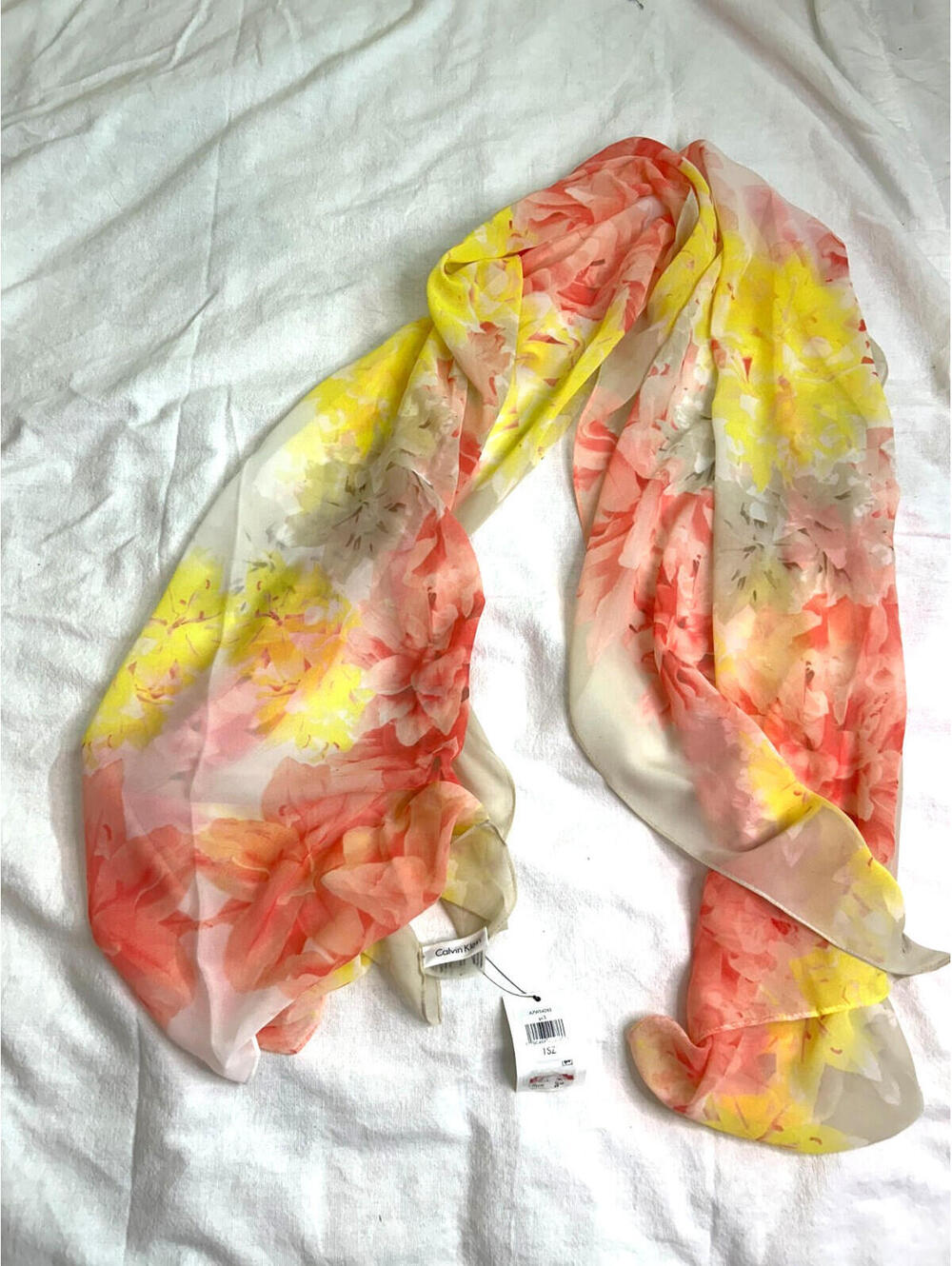 Calvin Klein Porcelain Rose Floral Chiffon Scarf Yellow Pink Wrap NWT